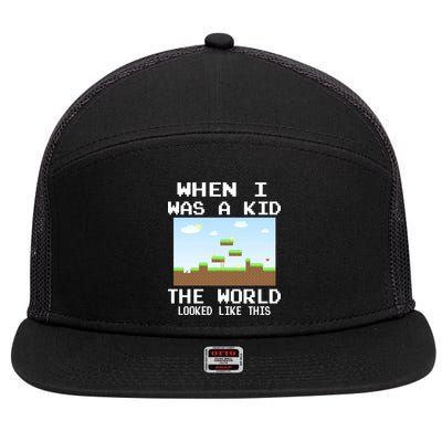 Retro When I Was A Kid The World Look Like This 7 Panel Mesh Trucker Snapback Hat