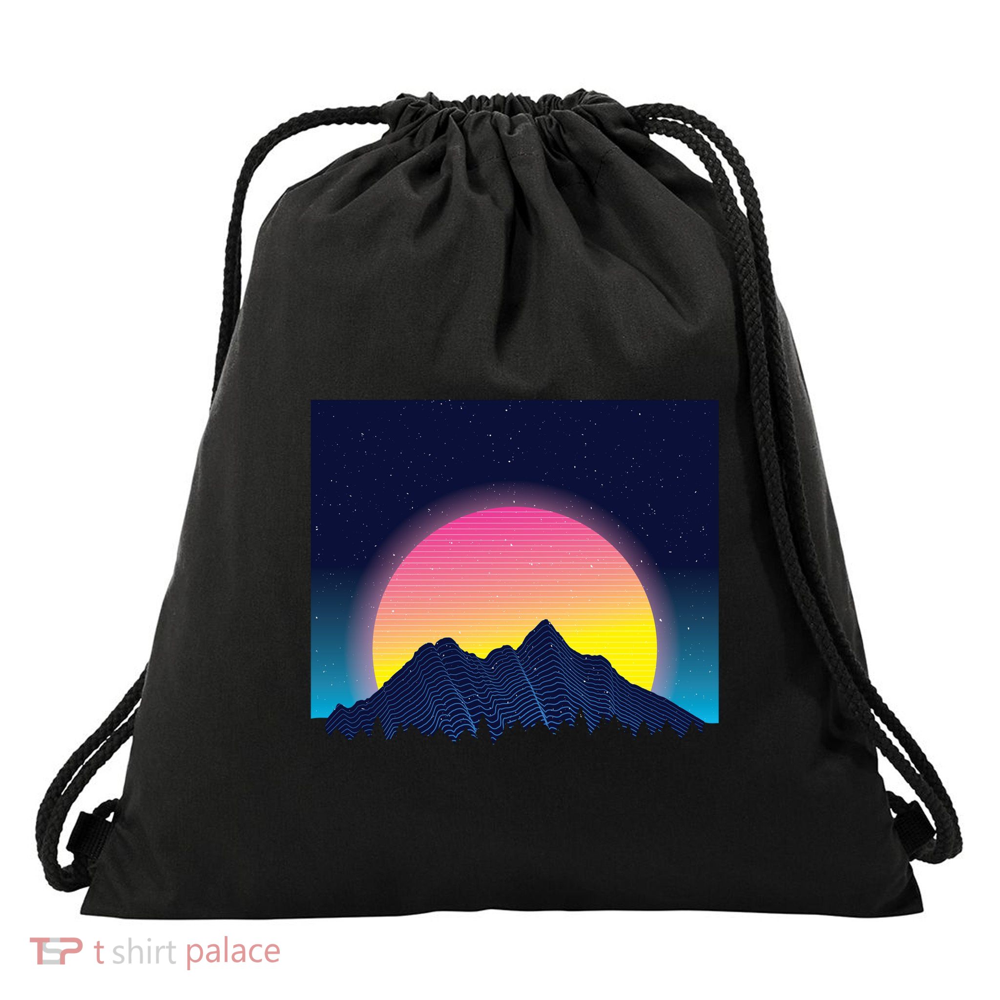 Retrowave Mountains Drawstring Bag