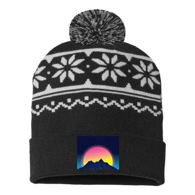 Retrowave Mountains USA-Made Snowflake Beanie