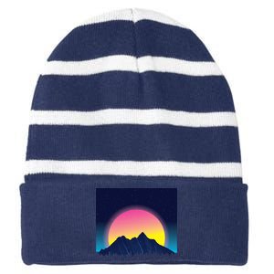 Retrowave Mountains Striped Beanie with Solid Band