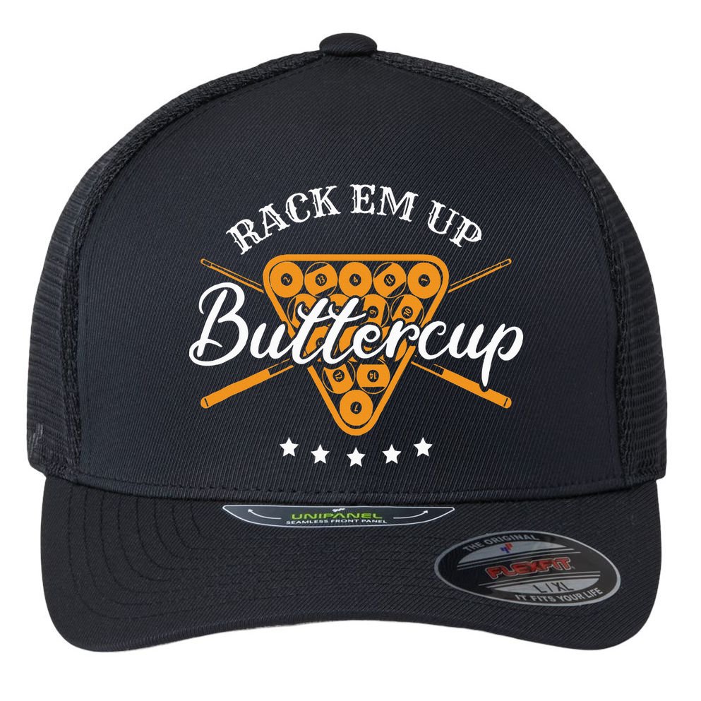 Rack Em Up Buttercup Pool Billiard Team Flexfit Unipanel Trucker Cap