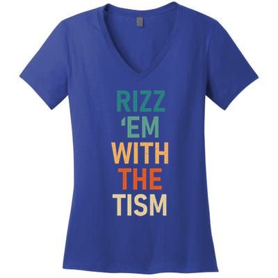 Rizz Em With The Tism Funny Autistic Retro Autism Awareness Funny Gift Women's V-Neck T-Shirt