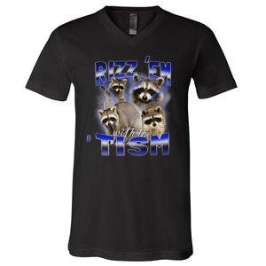 Rizz Em With The Tism Meme Autistic Racoon Funny Autism V-Neck T-Shirt