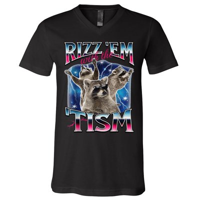 Rizz Em With The Tism Meme Autistic Raccoon Funny Rizz Gift V-Neck T-Shirt