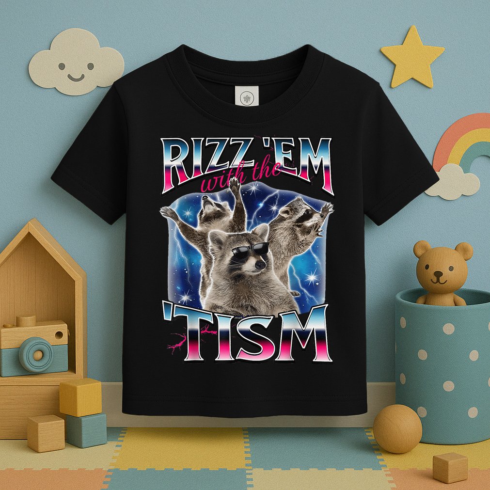 Rizz Em With The Tism Meme Autistic Raccoon Funny Rizz Gift Toddler T-Shirt