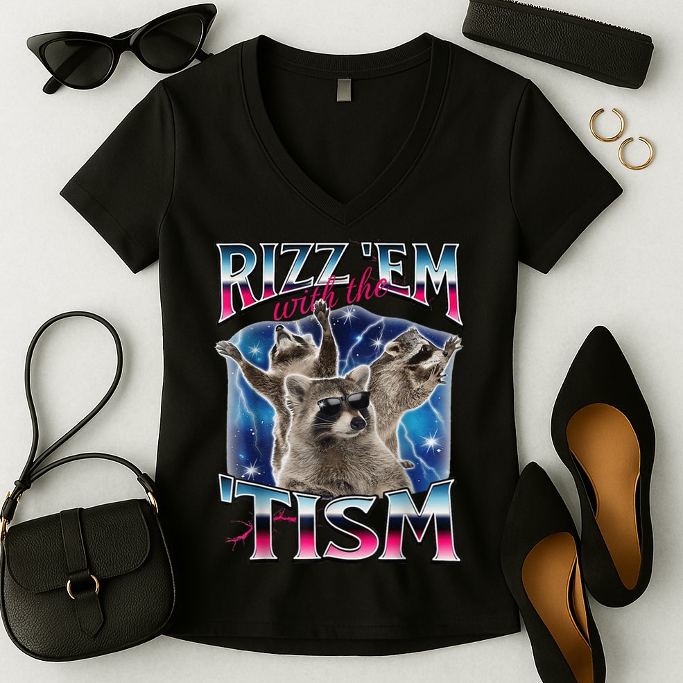 Rizz Em With The Tism Meme Autistic Raccoon Funny Rizz Gift Women's V-Neck T-Shirt