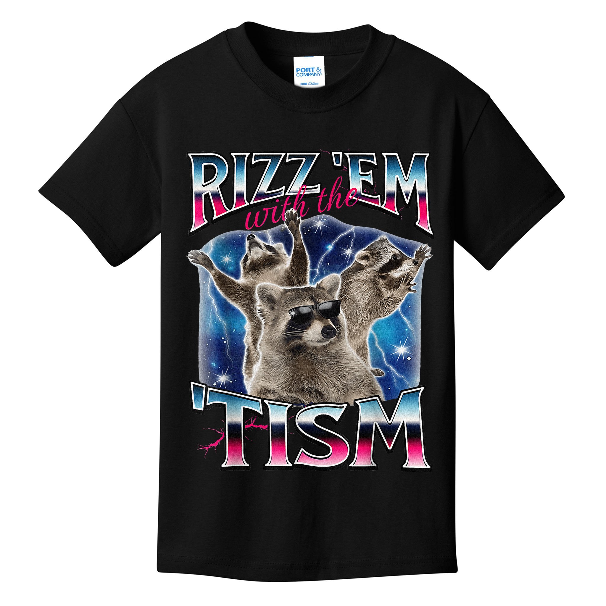 Rizz Em With The Tism Meme Autistic Raccoon Funny Rizz Gift Kids T-Shirt