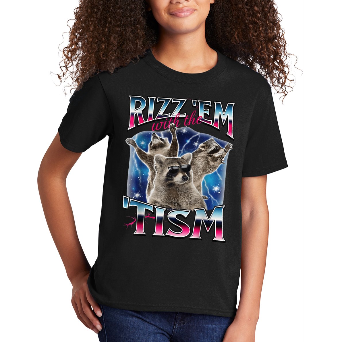 Rizz Em With The Tism Meme Autistic Raccoon Funny Rizz Gift Kids T-Shirt