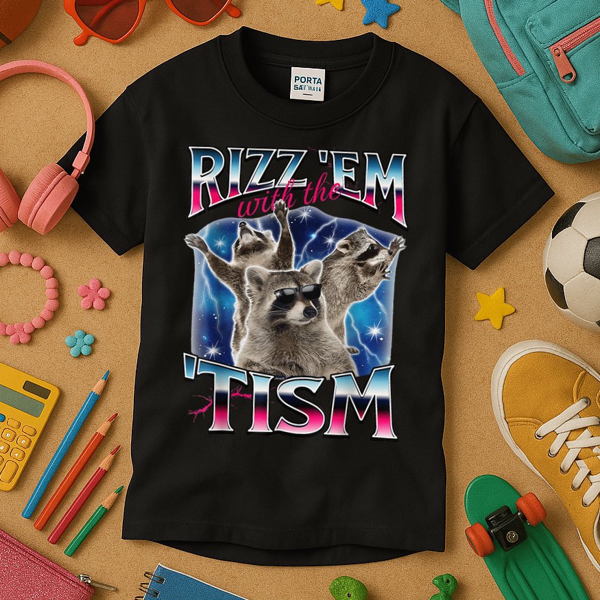Rizz Em With The Tism Meme Autistic Raccoon Funny Rizz Gift Kids T-Shirt