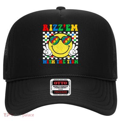 Rizz Em With The Tism Funny Autism Awareness Boys Girls Kids High Crown Mesh Back Trucker Hat