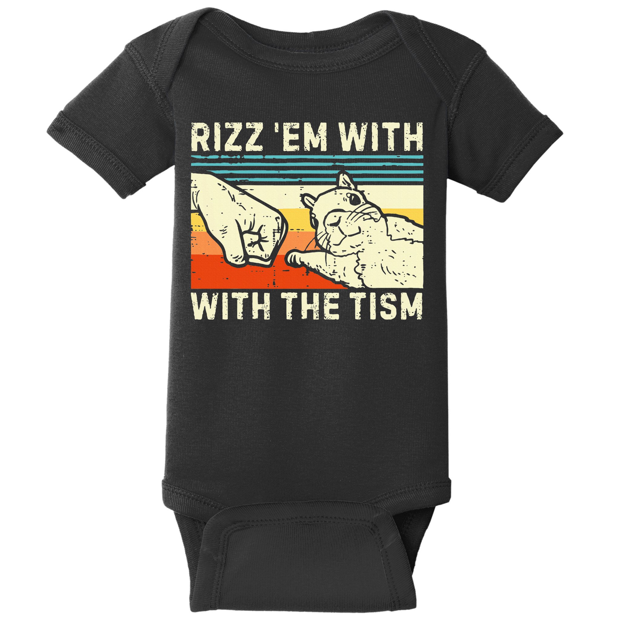Rizz Em With The Tism Rizzler Joke Meme Rizzling Squirrel Baby Bodysuit