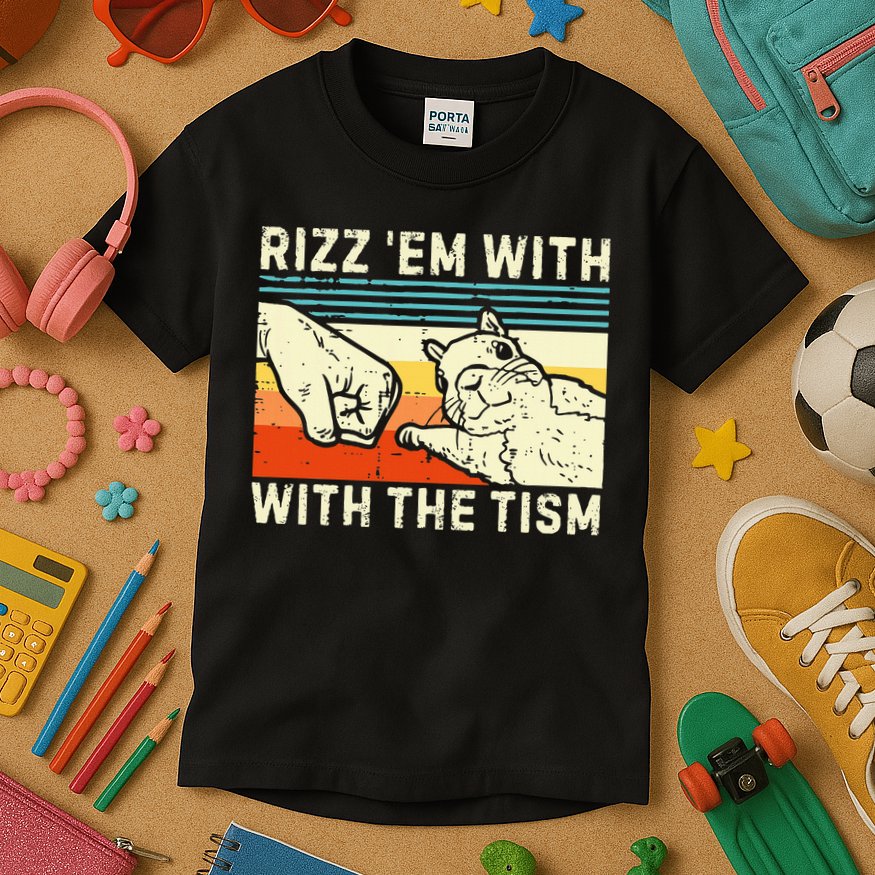 Rizz Em With The Tism Rizzler Joke Meme Rizzling Squirrel Kids T-Shirt