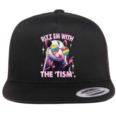 Rizz Em With The Tism Autistic Racoon Flat Bill Trucker Hat