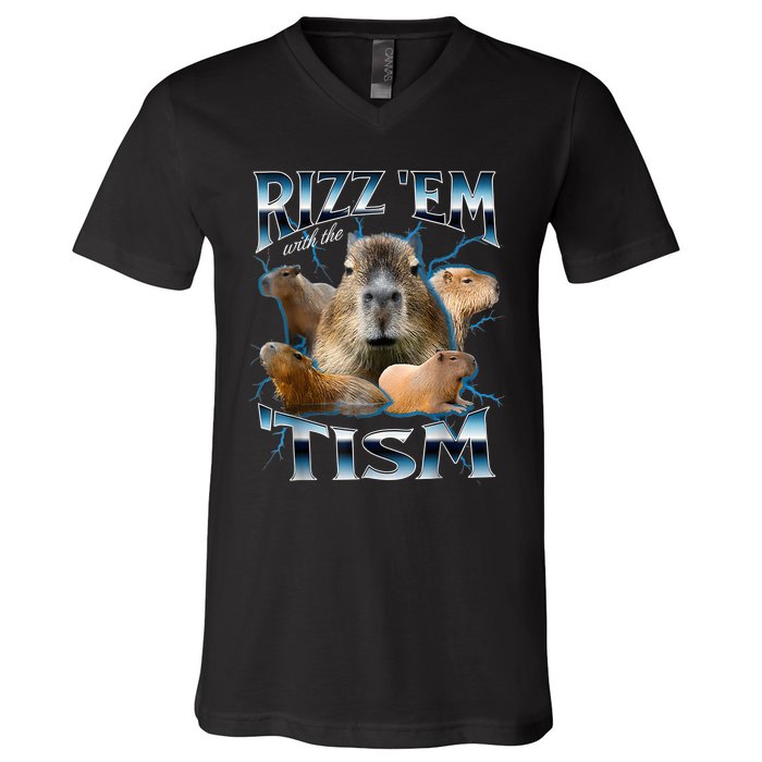 Rizz Em With The Tism Capybara Funny Oddly Dank Meme V-Neck T-Shirt