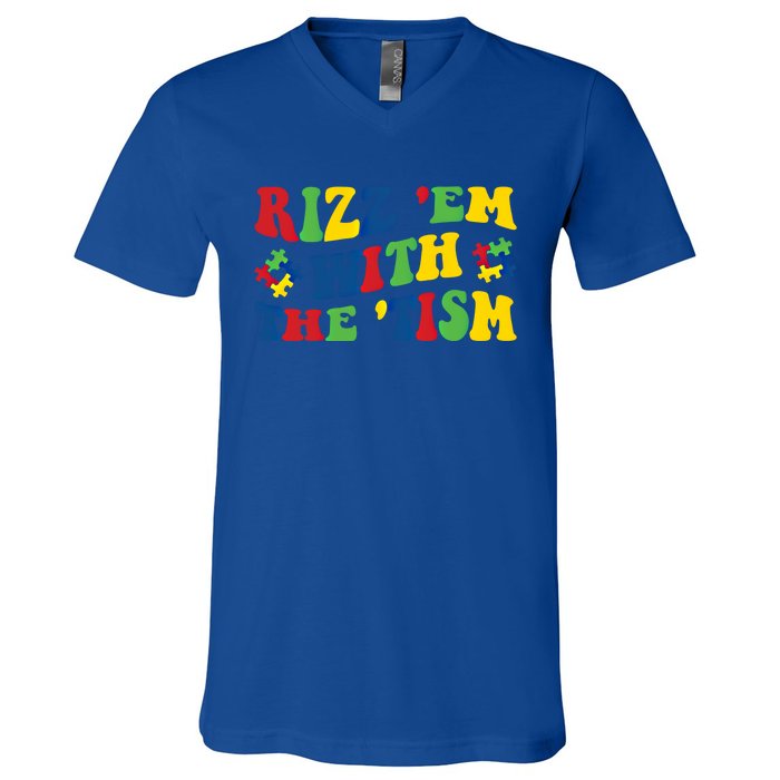 Rizz Em With The Tism Funny Autism Awareness Statet Gift V-Neck T-Shirt