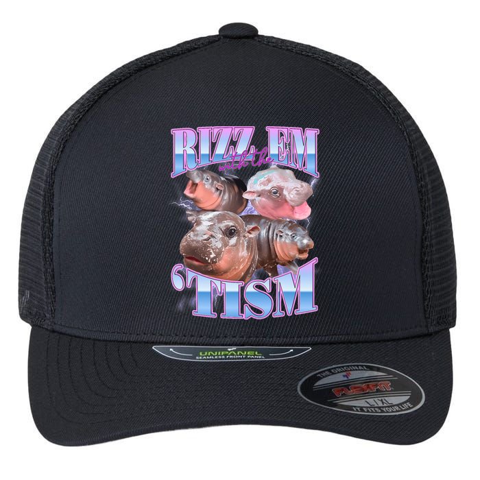 Rizz Em With The Tism Meme Moo Deng Flexfit Unipanel Trucker Cap