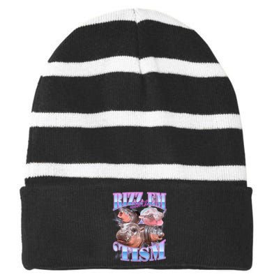 Rizz Em With The Tism Meme Moo Deng Striped Beanie with Solid Band