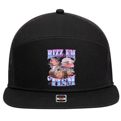 Rizz Em With The Tism Meme Moo Deng 7 Panel Mesh Trucker Snapback Hat