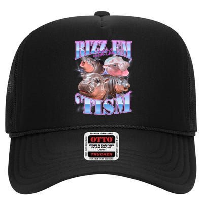 Rizz Em With The Tism Meme Moo Deng High Crown Mesh Back Trucker Hat