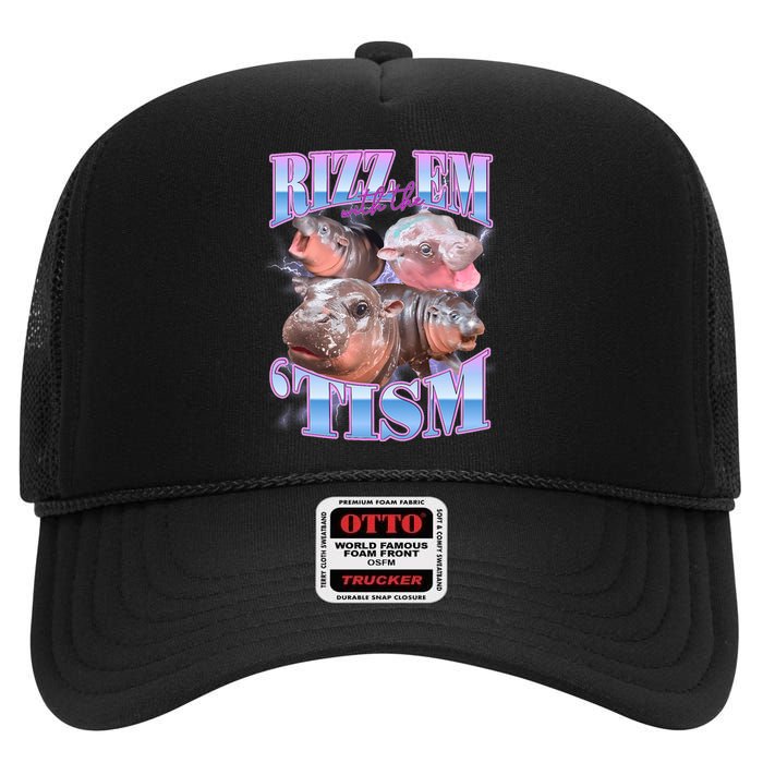 Rizz Em With The Tism Meme Moo Deng High Crown Mesh Back Trucker Hat