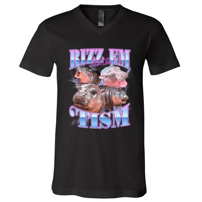 Rizz Em With The Tism Meme Moo Deng V-Neck T-Shirt