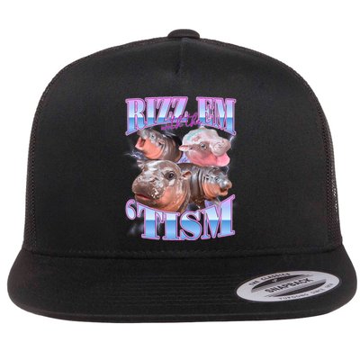 Rizz Em With The Tism Meme Moo Deng Flat Bill Trucker Hat