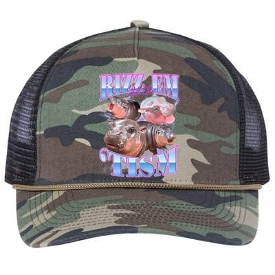 Rizz Em With The Tism Meme Moo Deng Retro Rope Trucker Hat Cap