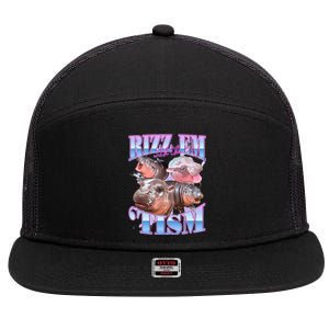 Rizz Em With The Tism Meme Moo Deng 7 Panel Mesh Trucker Snapback Hat