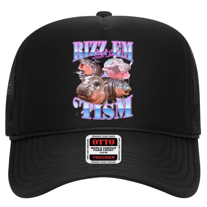 Rizz Em With The Tism Meme Moo Deng High Crown Mesh Back Trucker Hat