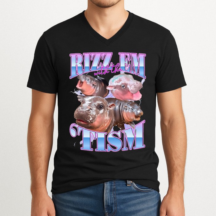 Rizz Em With The Tism Meme Moo Deng V-Neck T-Shirt