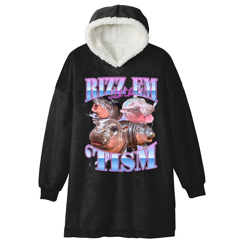 Rizz Em With The Tism Meme Moo Deng Hooded Wearable Blanket