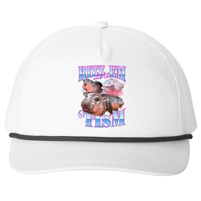 Rizz Em With The Tism Meme Moo Deng Snapback Five-Panel Rope Hat