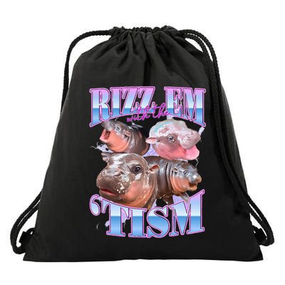 Rizz Em With The Tism Meme Moo Deng Drawstring Bag