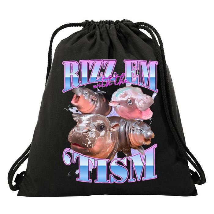 Rizz Em With The Tism Meme Moo Deng Drawstring Bag