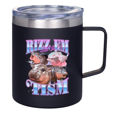 Rizz Em With The Tism Meme Moo Deng 12oz Stainless Steel Coffee Mug