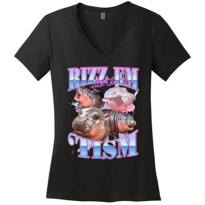 Rizz Em With The Tism Meme Moo Deng Women's V-Neck T-Shirt
