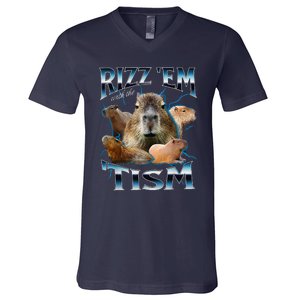 Rizz Em With The Tism Capybara Funny Oddly Dank Meme V-Neck T-Shirt