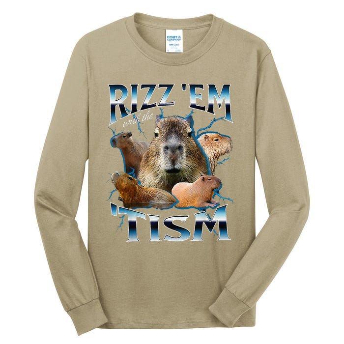 Rizz Em With The Tism Capybara Funny Oddly Dank Meme Tall Long Sleeve T-Shirt