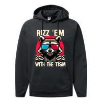 Rizz Em With The Tism Retro Vintage Raccoon Meme Performance Fleece Hoodie