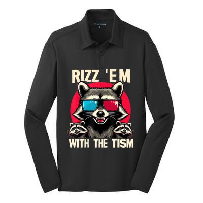 Rizz Em With The Tism Retro Vintage Raccoon Meme Silk Touch Performance Long Sleeve Polo