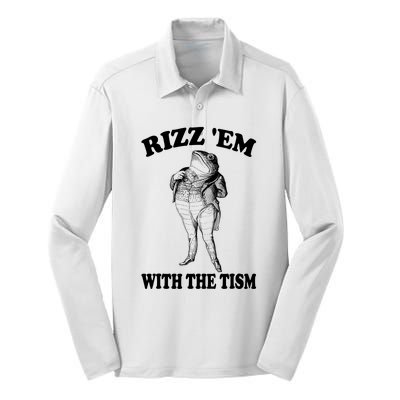 Rizz Em With The Tism Funny Meme Frog Silk Touch Performance Long Sleeve Polo