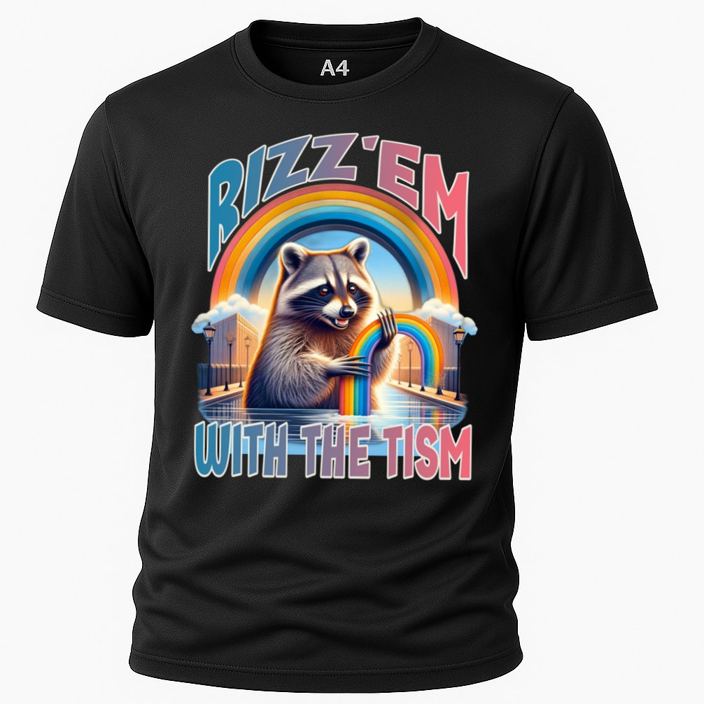 Rizz Em With The Tism Raccoon Autism Awareness Funny Raccoon Gift Cooling Performance Crew T-Shirt