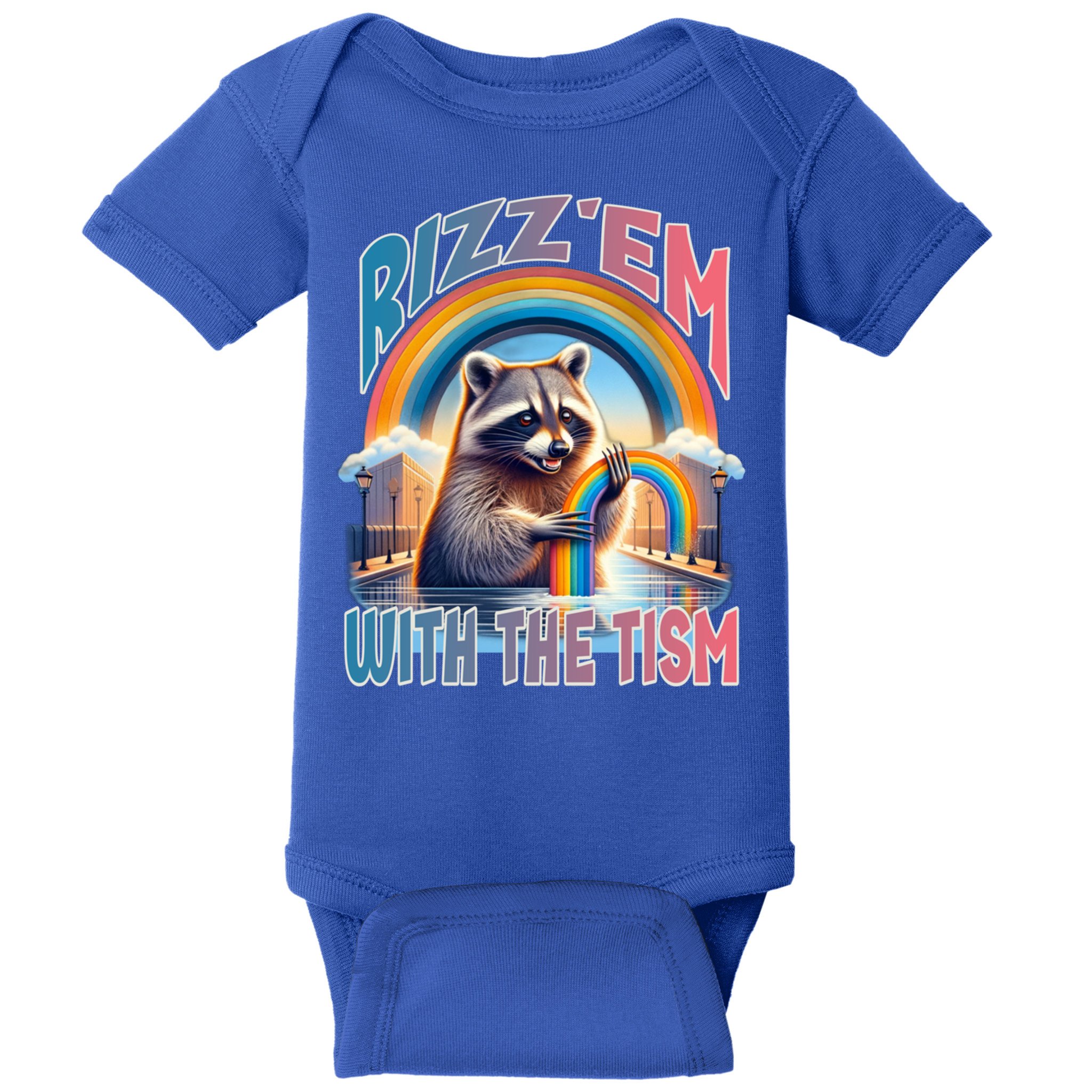Rizz Em With The Tism Raccoon Autism Awareness Funny Raccoon Gift Baby Bodysuit