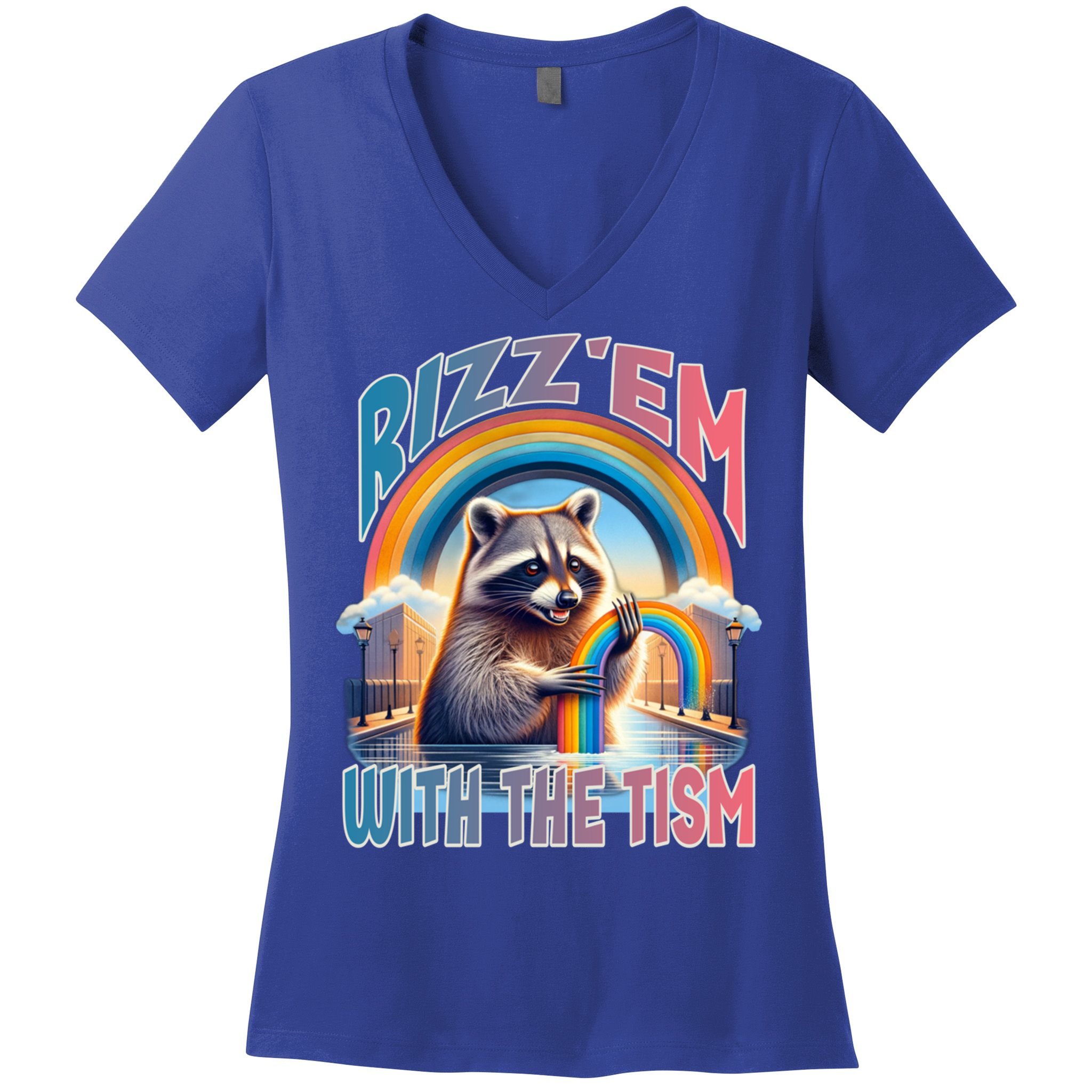 Rizz Em With The Tism Raccoon Autism Awareness Funny Raccoon Gift Women's V-Neck T-Shirt