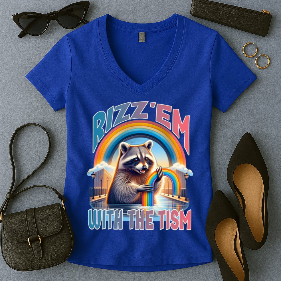 Rizz Em With The Tism Raccoon Autism Awareness Funny Raccoon Gift Women's V-Neck T-Shirt