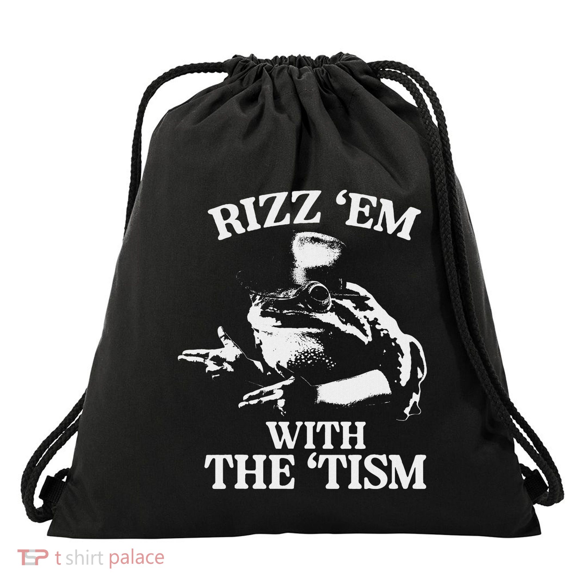 Rizz Em With The Tism Funny Meme Frog Drawstring Bag