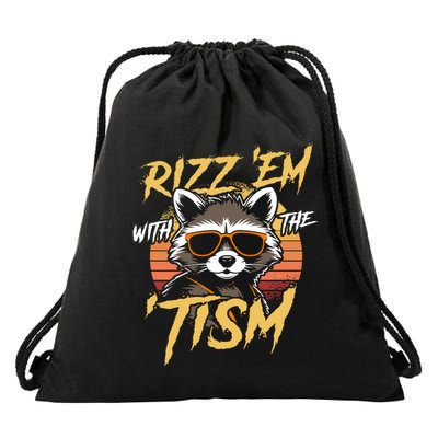 Rizz Em With The Tism Retro Vintage Raccoon Meme Cool Gift Drawstring Bag