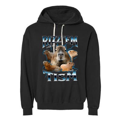 Rizz Em With The Tism Capybara Funny Oddly Dank Garment-Dyed Fleece Hoodie
