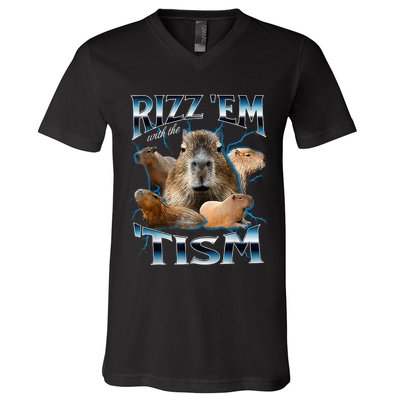 Rizz Em With The Tism Capybara Funny Oddly Dank V-Neck T-Shirt