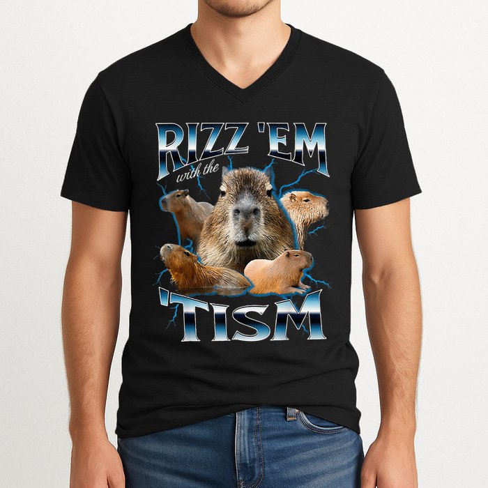 Rizz Em With The Tism Capybara Funny Oddly Dank V-Neck T-Shirt